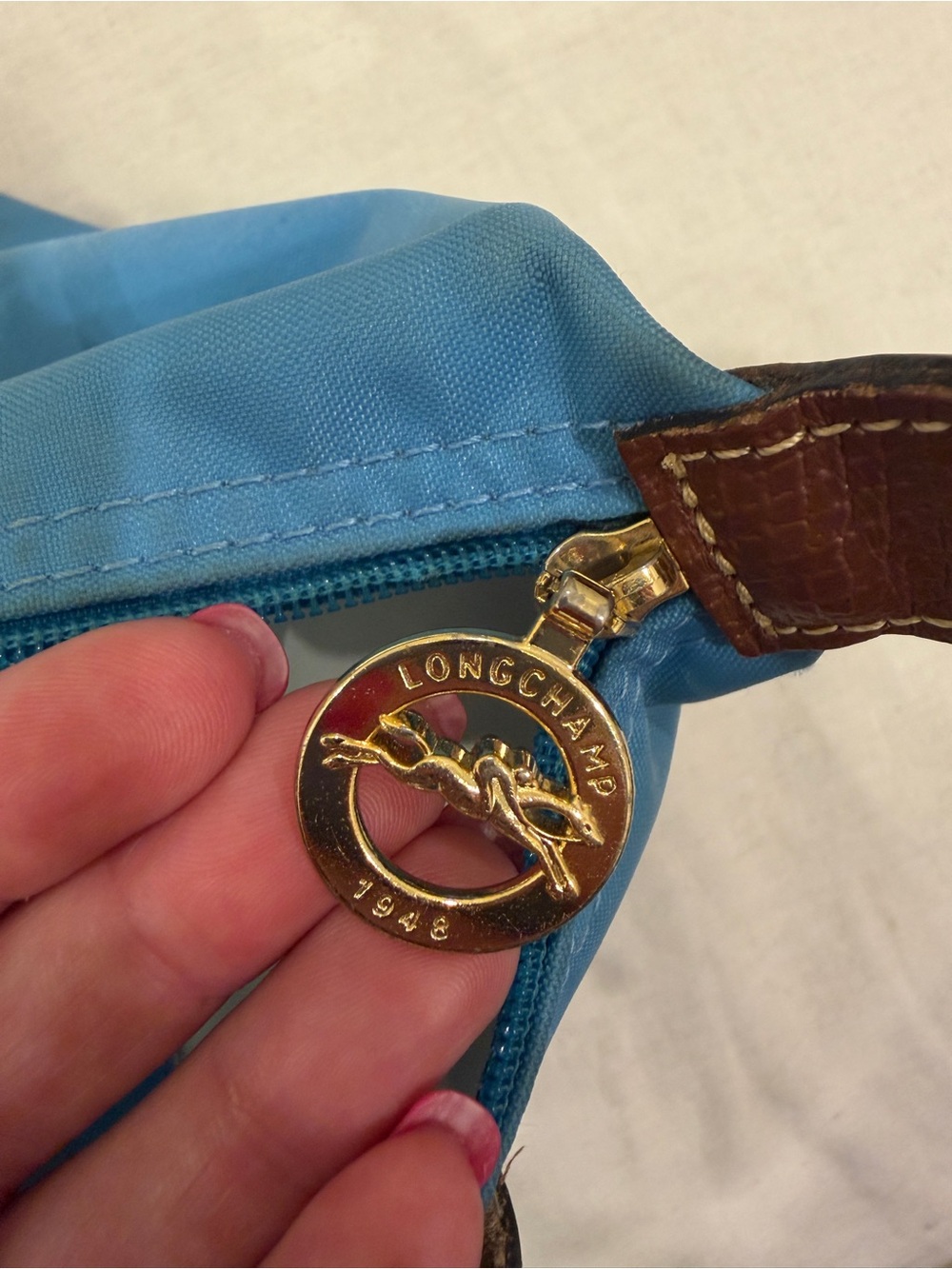 Longchamp Le Pliage S Blue Nylon Satchel with Brown Leather Trim - Picture 7 of 13